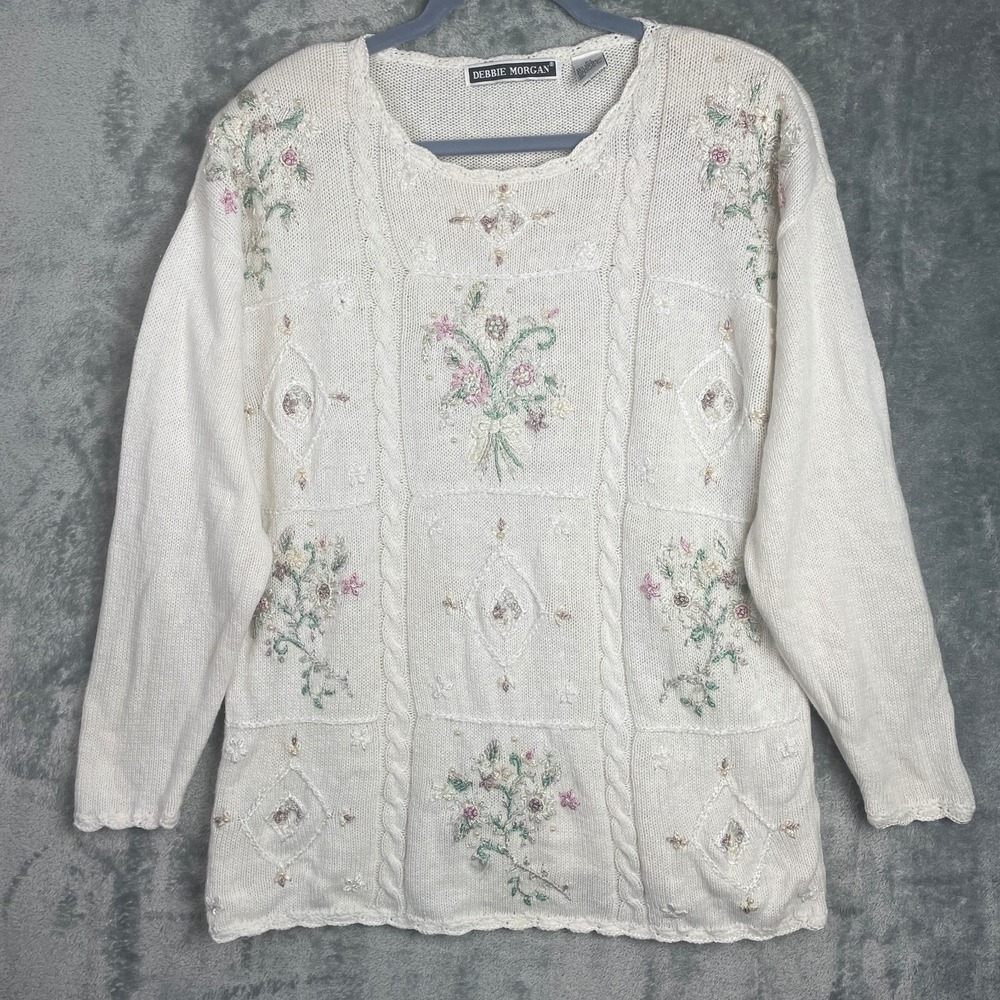 Vintage Debbie Morgan Sweater Women M White Pearl Beaded Embroidered Cottagecore